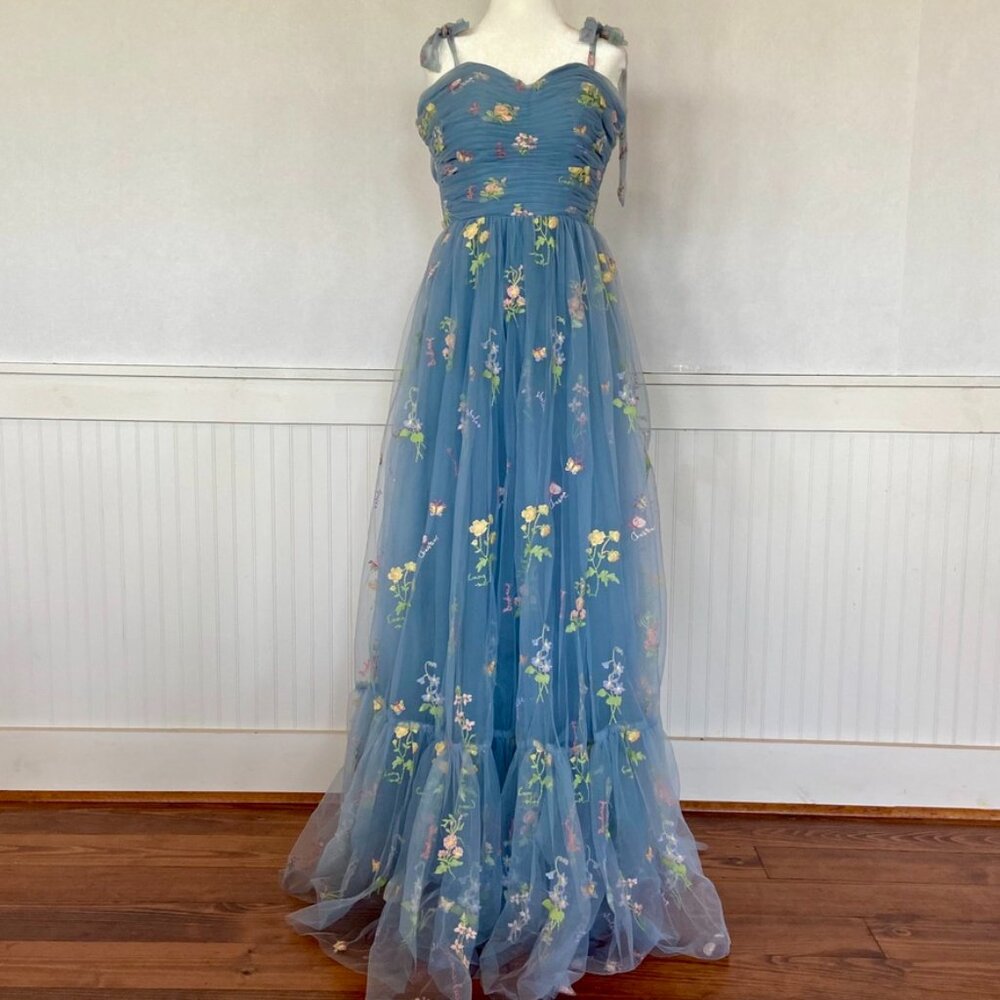 Cottage core, Coquette Blue Floral Embroidered Maxi Dress Sz 4